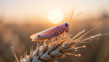 A delicate pink grasshopper rests on a dew kissed wheat stalk at sunrise bathed in the warm golden light of the rising sun