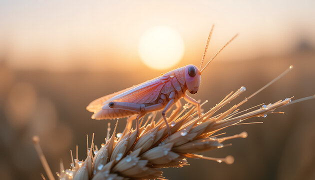A delicate pink grasshopper rests on a dew kissed wheat stalk at sunrise bathed in the warm golden light of the rising sun