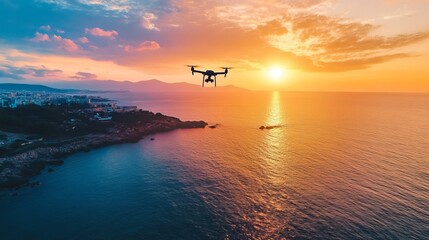 Drone soars over coastal city at sunset