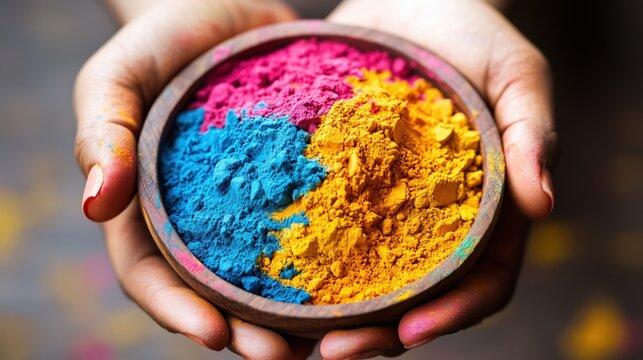 hands holding a bowl of colorful holi paint, top view, spices