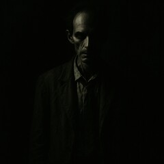 Dark Horror Chiaroscuro Portrait of a Man in Shadows with a Sliver of Moonlight Illuminating His Face