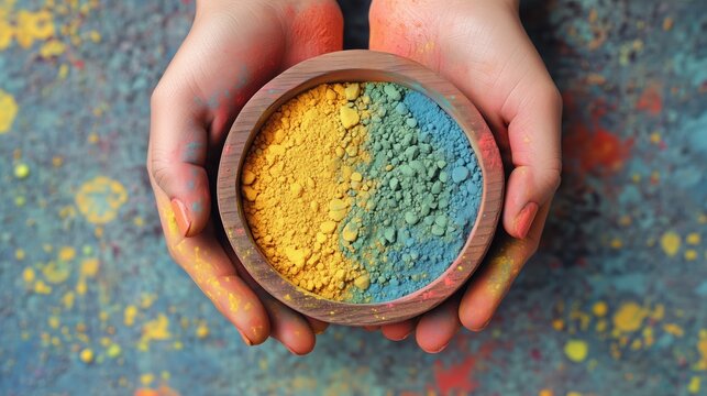 hands holding a bowl of colorful holi paint, top view, spices