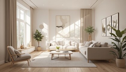 Fototapeta premium Serene modern living room bathed in soft natural light, featuring comfortable sofas, minimalist decor, and lush green plants for a tranquil, inviting atmosphere.