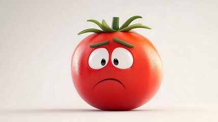 A sad looking cartoon tomato with expressive eyes and a dejected mouth in a photo