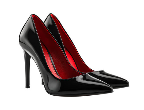 Black high heels, red-bottomed stilettos, glossy texture, elegant design isolated on a transparent background