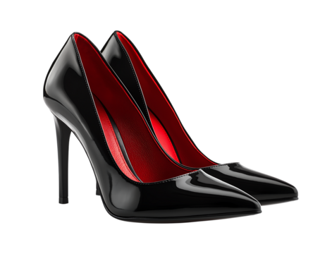 Black high heels, red-bottomed stilettos, glossy texture, elegant design isolated on a transparent background