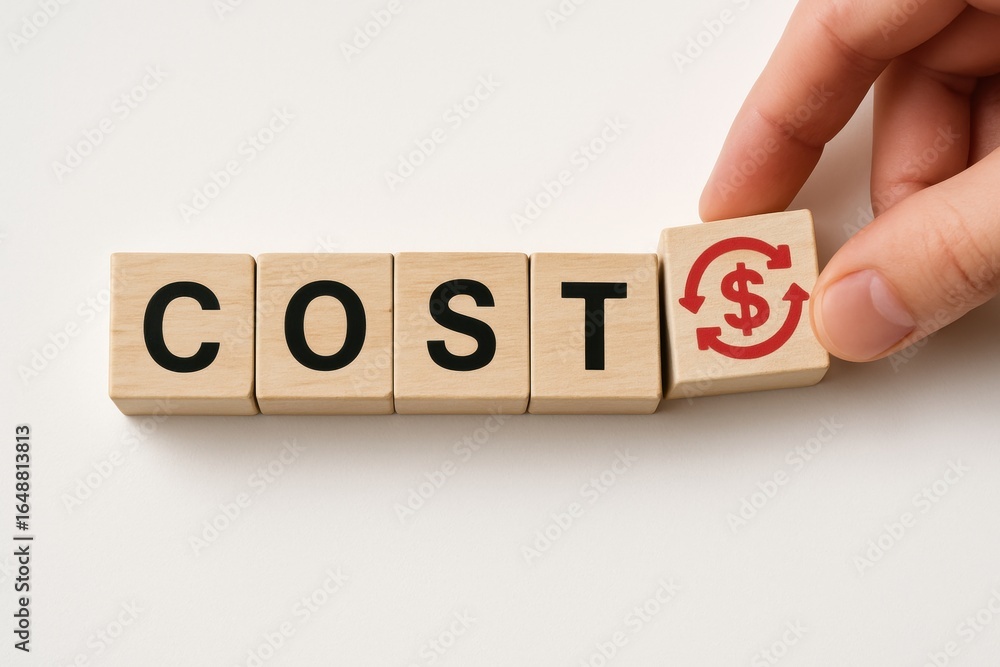 Poster cost transformation: a hand strategically positions a wooden block with a red currency symbol, symbo