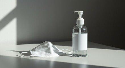 Hand sanitizer bottle and face mask sit on a surface with light and shadow.