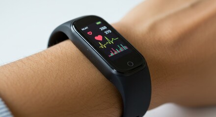 Arm wearing a black fitness tracker displaying heart rate and activity data.