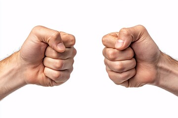 Two clenched fists facing each other on a white background, symbolizing strength, conflict, or determination. Ideal for themes of competition or resilience.