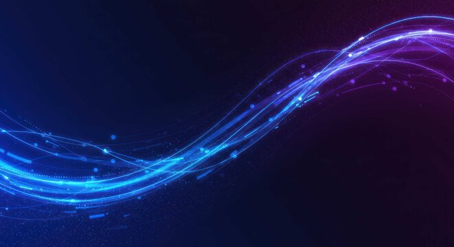 Abstract blue and purple light trails on a dark background.