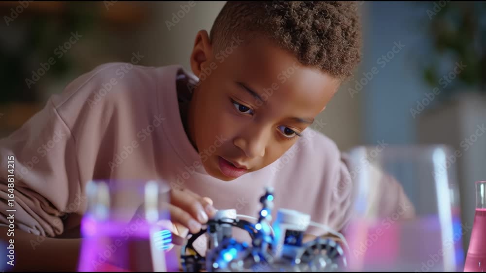 Poster young boy explores robotics and science with colorful liquids and gadgets during an afternoon activi