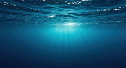 Underwater view shows light rays penetrating the water surface creating a bright glow.