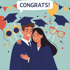 Obraz premium A joyful graduation celebration is depicted with two graduates embracing, surrounded by festive decorations and celebratory speech bubble, conveying accomplishment.