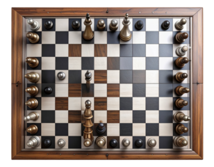 Top-Down 3D Render of Chessboard with Pieces Highlighting Business Strategy Theme, Isolated