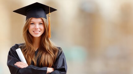 A lovely smiling graduate wearing an academic cap and gown. Blurred background, space for text copy.