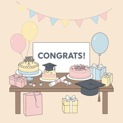 A charming graduation party scene featuring cakes, gifts, balloons, and a celebratory "Congrats!" sign, all rendered in a delightful, hand-drawn style illustration.