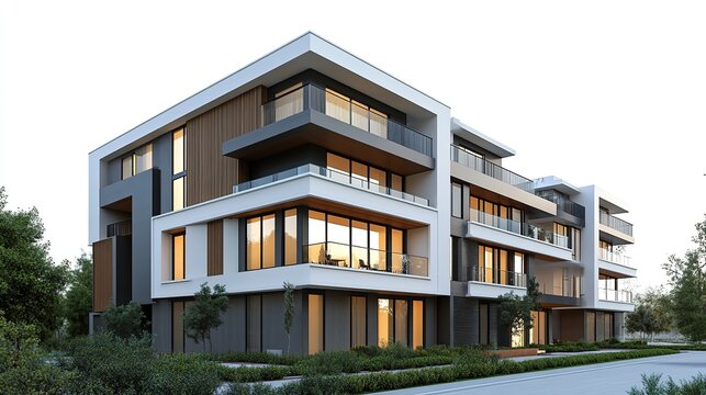 Modern multi-story residential building isolated on white background