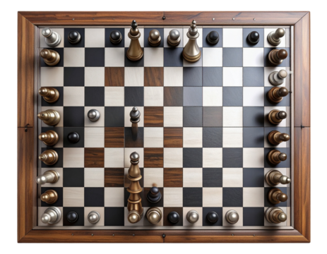 Top-Down 3D Render of Chessboard with Pieces Highlighting Business Strategy Theme, Isolated