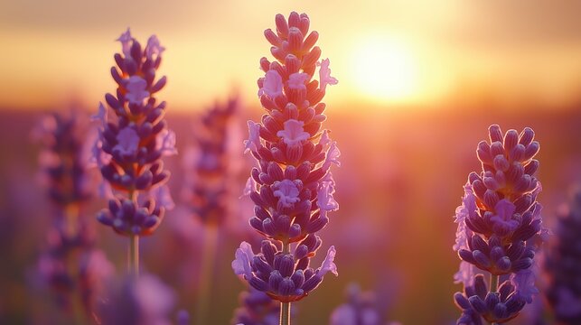 A field of blooming lavender. Purple flowers under the evening sunset sky. A bright floral landscape. Close-up.