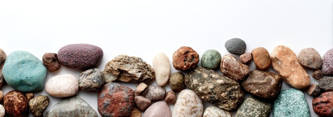 Obraz premium Assorted colorful pebbles arranged in a border against a white background