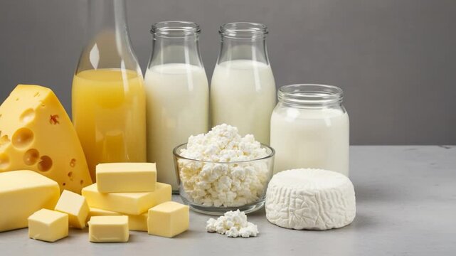 Fresh dairy products still life featuring milk cheese butter and curd composition