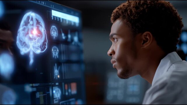 Healthcare professional interacts with digital brain imaging technology in a modern lab during research