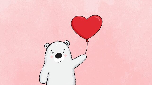 A cute white bear holds a red heart-shaped ball on a pink background. Romantic illustration.