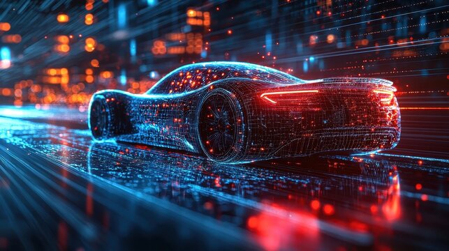 A futuristic diagnostic auto system materialized as a 3D holographic projection within the HUD, scanning a vehicle in real-time, its vibrant blue and white lines hinting at the advanced technology 
