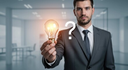 Businessman holds lit lightbulb with question mark in office setting.