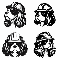 Cavalier King Charles Spaniel Dog head with engineer helmet. Construction Site Civil Engineering Safety Surveying Clipart Line Art Vector Illustration. canine face wearing hard hat protector.