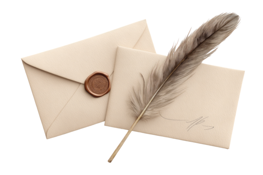 Two beige envelopes, one overlapping the other, rest on a dark background. A light brown feather and a fine pen rest atop the envelopes, near a wax seal