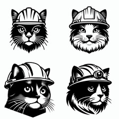 Obraz premium Domestic Shorthair Cat head with engineer helmet. Construction Site Civil Engineering Safety Surveying Clipart Line Art Vector Illustration. Housecat face wearing worker hardhat theme.