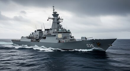 Modern Navy Destroyer Patrolling Rough Seas – Military Defense Vessel.
