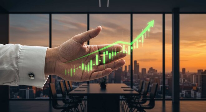 Hand holding upward trending stock chart against a cityscape and meeting room.