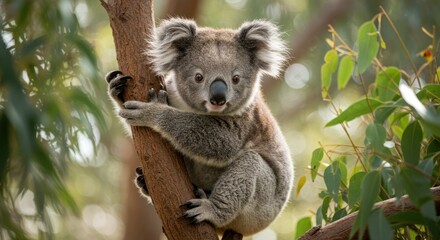 Koala sits on a tree branch surrounded by green foliage in a forest.