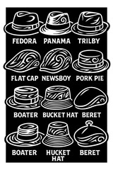 Types of Hats – Black and White Vector Illustration in Bold Line Art