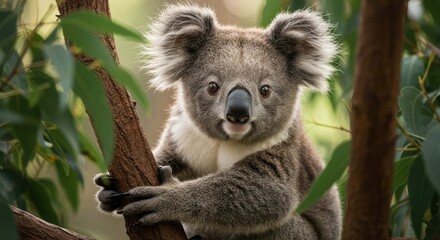 Obraz premium Koala sitting in a tree looking at the camera.