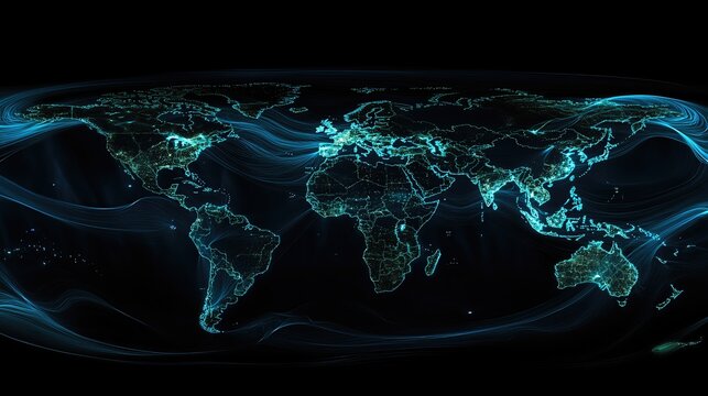 Global Network Connections Visualization. Stunning Teal World Map Illustrating Interconnectedness