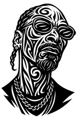 Hip-Hop Legend Portrait – Black and White Vector Illustration in Bold Tribal Line Art