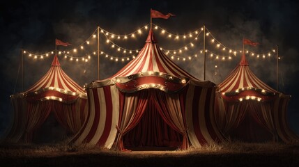 A majestic vintage circus tent stands illuminated at night, with twinkling lights adorning its peak and sides, creating a magical and enchanting atmosphere.