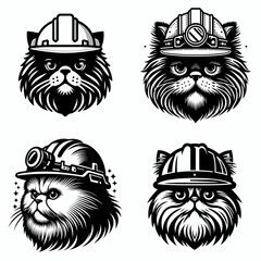 Persian Cat head with engineer helmet. Construction Site Civil Engineering Safety Surveying Clipart Line Art Vector Illustration. Kitty face wearing hard hat for job feline pet in work gear.