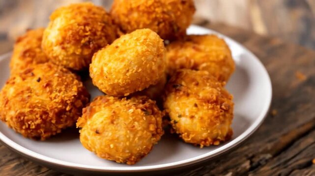 Golden Fried Cheese Balls on a White Plate Displayed on a Rustic Wooden Table with Warm Lighting Perfect for Restaurant Menu Presentation