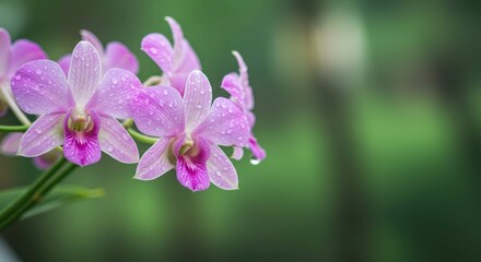 Fototapeta premium Close-up of pink orchid flowers with a blurred green background.