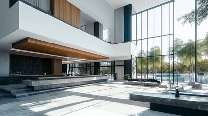Fototapeta premium Spacious, modern lobby with floor-to-ceiling windows, minimalist design, and natural light highlighting sleek furniture and open architectural features.