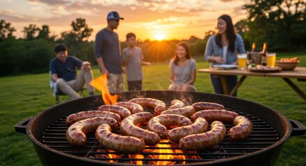Sausages on grill with family and picnic table during sunset outdoors.