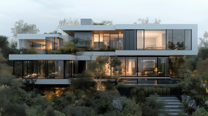 A sleek, modern two-story house with large glass windows, surrounded by lush greenery and integrated into a natural landscape.