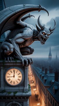 A menacing gargoyle perched atop a clock tower overlooking the city