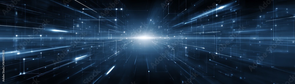 Poster futuristic digital abstract blue background with glowing energy lines and sparkling stars creating a