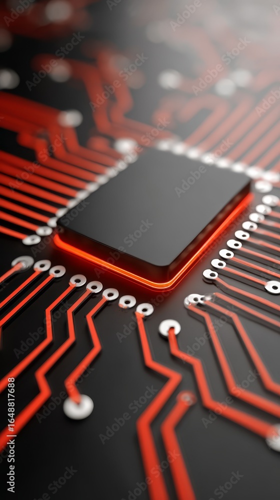 Poster intricate close up view of a green computer circuit board showing detailed microchips processors and